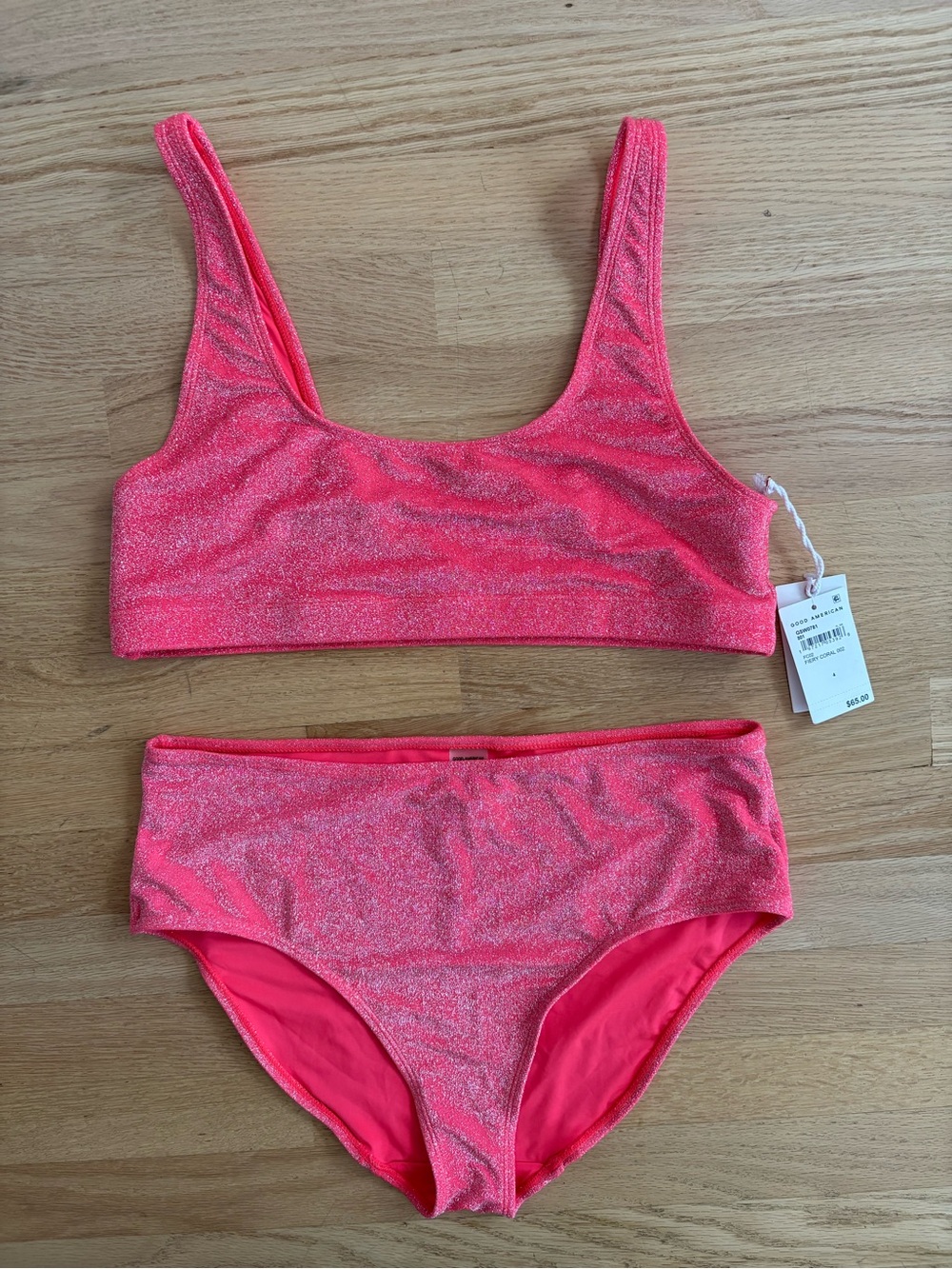 Good American Fiery Coral Sparkle Bikini Set